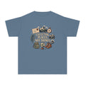 Collecting Places Not Things Youth Tee – Kids' Comfort Colors Travel Shirt in Blue Jean – flat lay