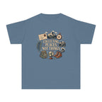 Collecting Places Not Things Youth Tee – Kids' Comfort Colors Travel Shirt in Blue Jean – flat lay