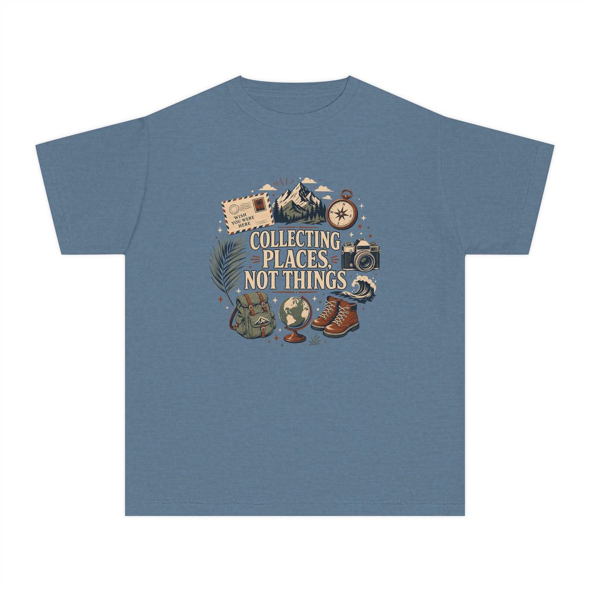Collecting Places Not Things Youth Tee – Kids' Comfort Colors Travel Shirt in Blue Jean – flat lay