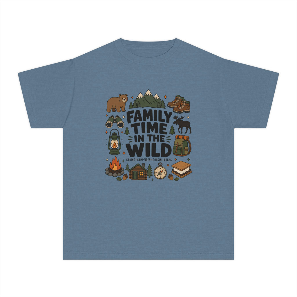 Family Time in the Wild Youth Tee – Kids' Comfort Colors Camping Shirt in Blue Jean – flat lay
