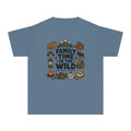 Family Time in the Wild Youth Tee – Kids' Comfort Colors Camping Shirt in Blue Jean – flat lay