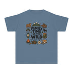 Family Time in the Wild Youth Tee – Kids' Comfort Colors Camping Shirt in Blue Jean – flat lay
