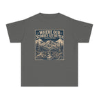 Where Our Stories Get Better Youth Tee – Kids' Comfort Colors Mountain Adventure Shirt in Pepper – flat lay