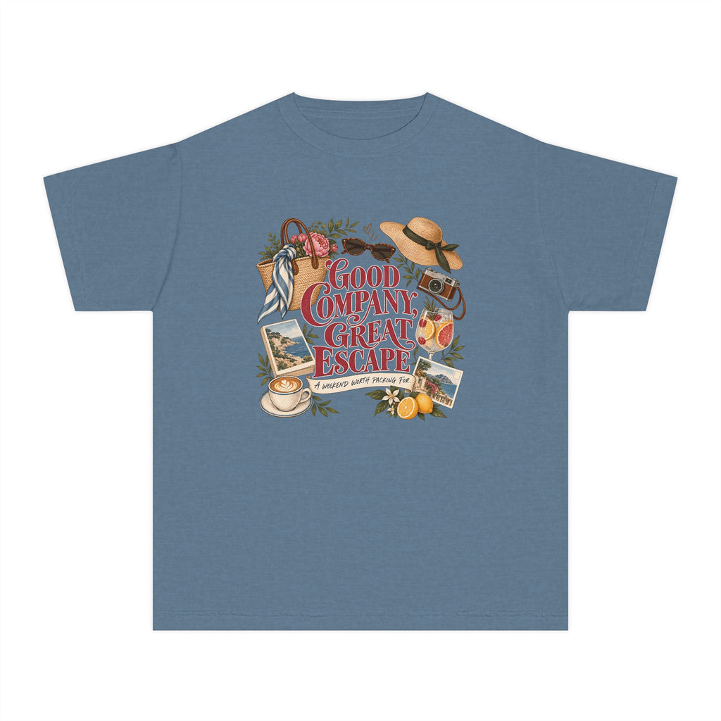 Good Company Great Escape Youth Tee – Kids' Comfort Colors Family Travel Shirt in Blue Jean – flat lay