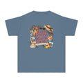 Good Company Great Escape Youth Tee – Kids' Comfort Colors Family Travel Shirt in Blue Jean – flat lay