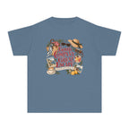 Good Company Great Escape Youth Tee – Kids' Comfort Colors Family Travel Shirt in Blue Jean – flat lay