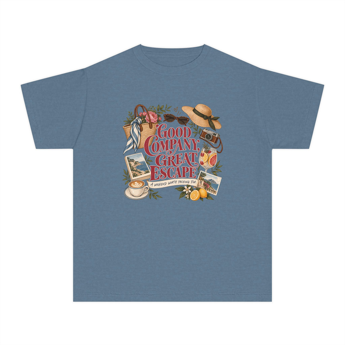 Good Company Great Escape Youth Tee – Kids' Comfort Colors Family Travel Shirt in Blue Jean – flat lay