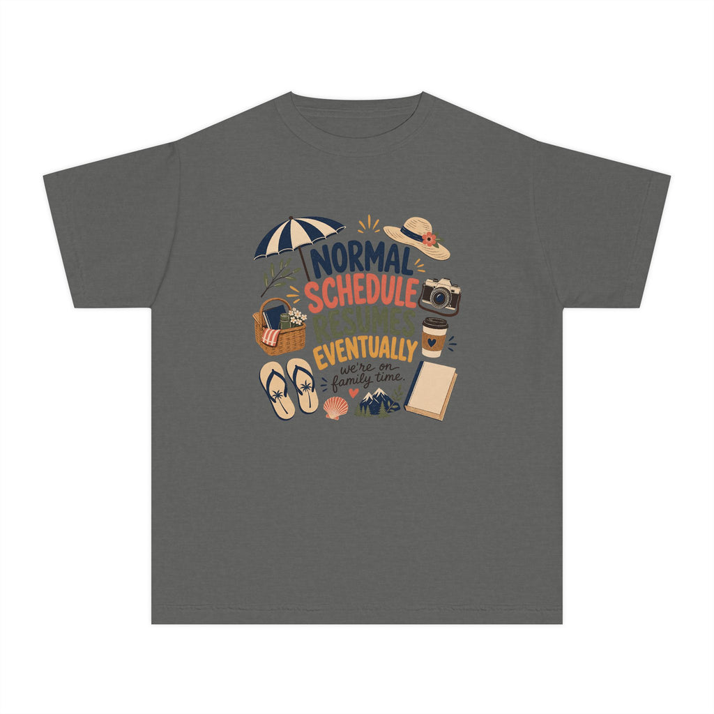 Normal Schedule Resumes Eventually Youth Tee – Kids' Comfort Colors Family Getaway Shirt in Pepper – flat lay