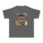 Normal Schedule Resumes Eventually Youth Tee – Kids' Comfort Colors Family Getaway Shirt in Pepper – flat lay