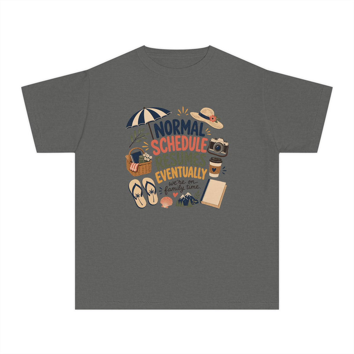 Normal Schedule Resumes Eventually Youth Tee – Kids' Comfort Colors Family Getaway Shirt in Pepper – flat lay