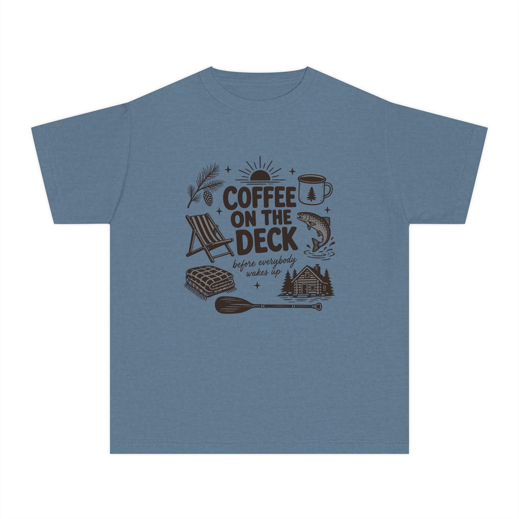Coffee on the Deck Youth Tee – Kids' Comfort Colors Lake Vacation Shirt in Blue Jean – flat lay