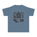 Coffee on the Deck Youth Tee – Kids' Comfort Colors Lake Vacation Shirt in Blue Jean – flat lay