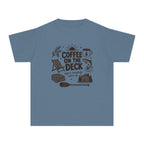 Coffee on the Deck Youth Tee – Kids' Comfort Colors Lake Vacation Shirt in Blue Jean – flat lay