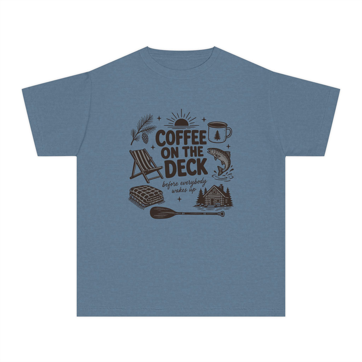 Coffee on the Deck Youth Tee – Kids' Comfort Colors Lake Vacation Shirt in Blue Jean – flat lay