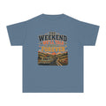 The Weekend We'll Talk About Forever Youth Tee – Kids' Comfort Colors Road Trip Shirt in Blue Jean – flat lay