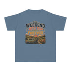The Weekend We'll Talk About Forever Youth Tee – Kids' Comfort Colors Road Trip Shirt in Blue Jean – flat lay