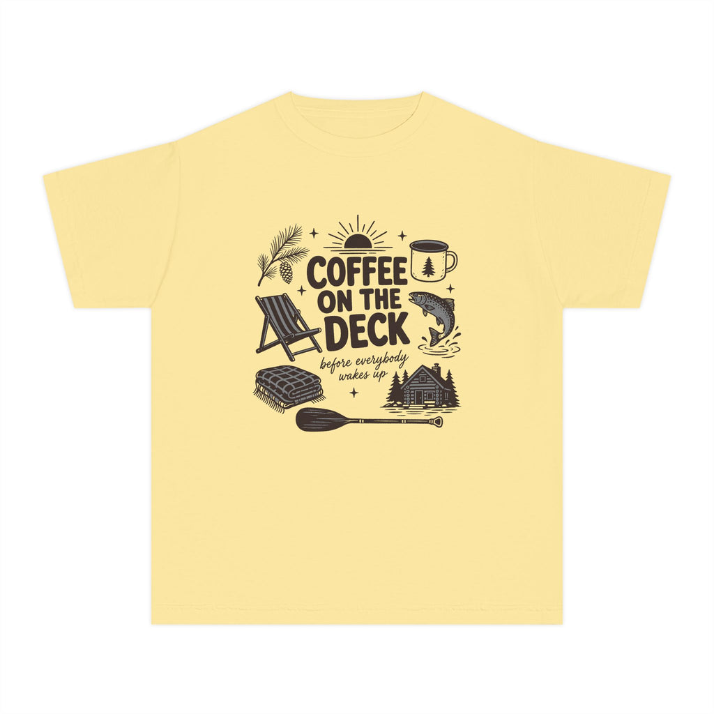 Coffee on the Deck Youth Tee – Kids' Comfort Colors Lake Vacation Shirt in Butter – flat lay