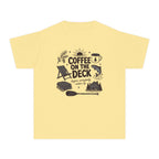 Coffee on the Deck Youth Tee – Kids' Comfort Colors Lake Vacation Shirt in Butter – flat lay