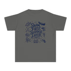 Swim First Supper Later Youth Tee – Kids' Comfort Colors Lake Vacation Shirt in Pepper – flat lay