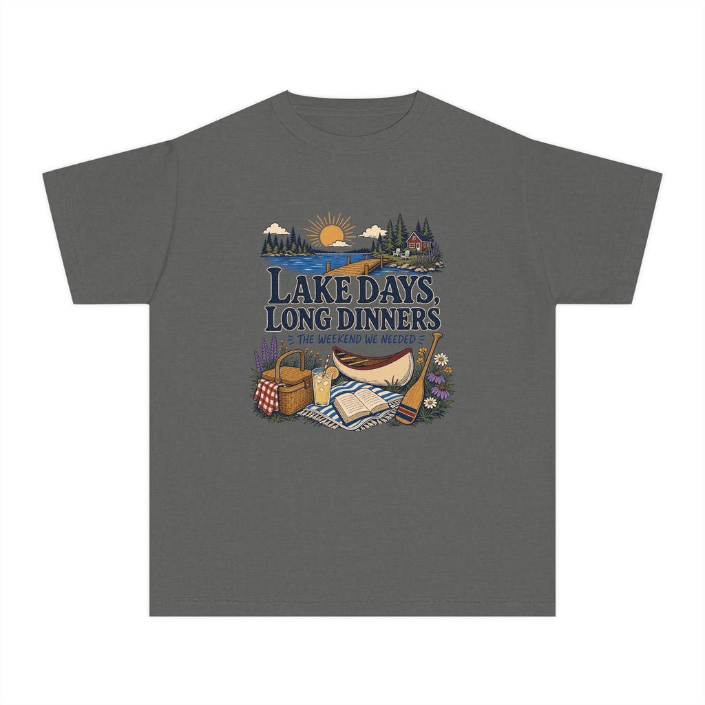 Lake Days Long Dinners Youth Tee – Kids' Comfort Colors Lake Vacation Shirt in Pepper – flat lay