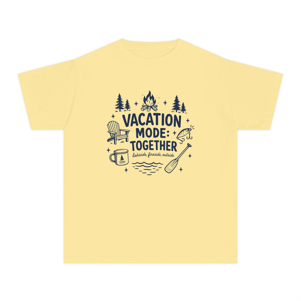 Vacation Mode Together Youth Tee – Kids' Comfort Colors Lake Vacation Shirt in Butter – flat lay
