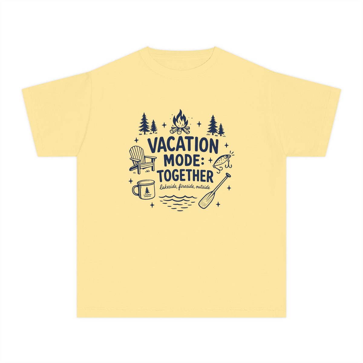 Vacation Mode Together Youth Tee – Kids' Comfort Colors Lake Vacation Shirt in Butter – flat lay