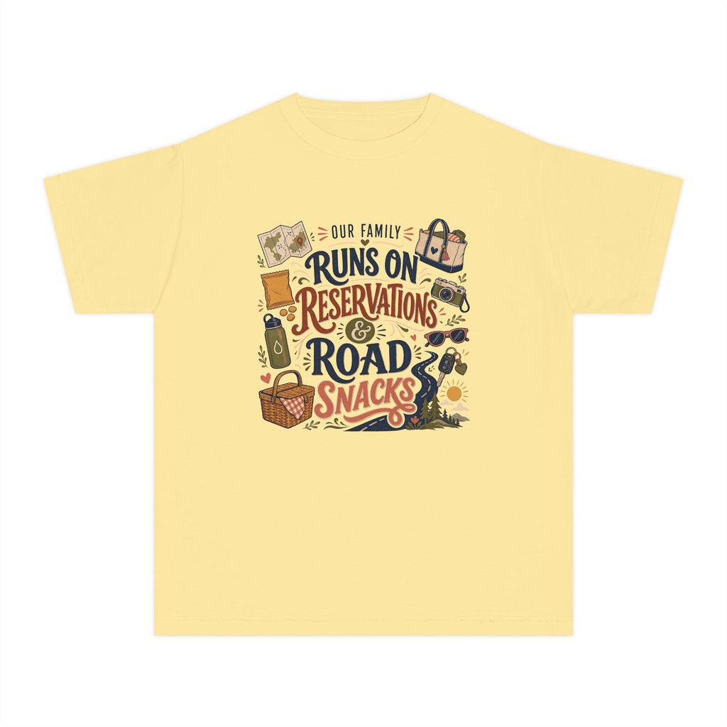 Our Family Runs on Reservations and Road Snacks Youth Tee – Kids' Comfort Colors Road Trip Shirt in Butter – flat lay