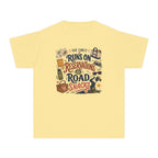Our Family Runs on Reservations and Road Snacks Youth Tee – Kids' Comfort Colors Road Trip Shirt in Butter – flat lay