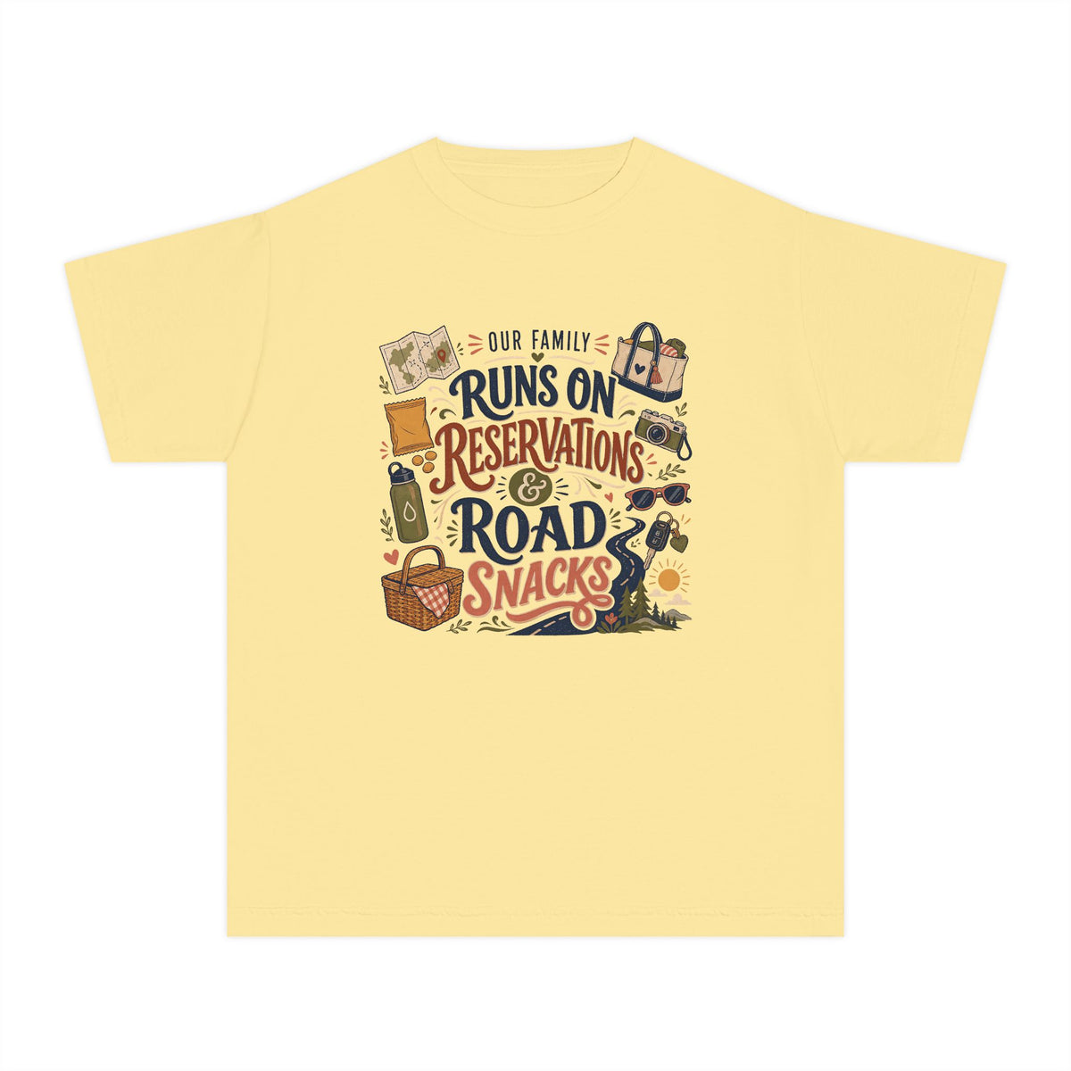 Our Family Runs on Reservations and Road Snacks Youth Tee – Kids' Comfort Colors Road Trip Shirt in Butter – flat lay