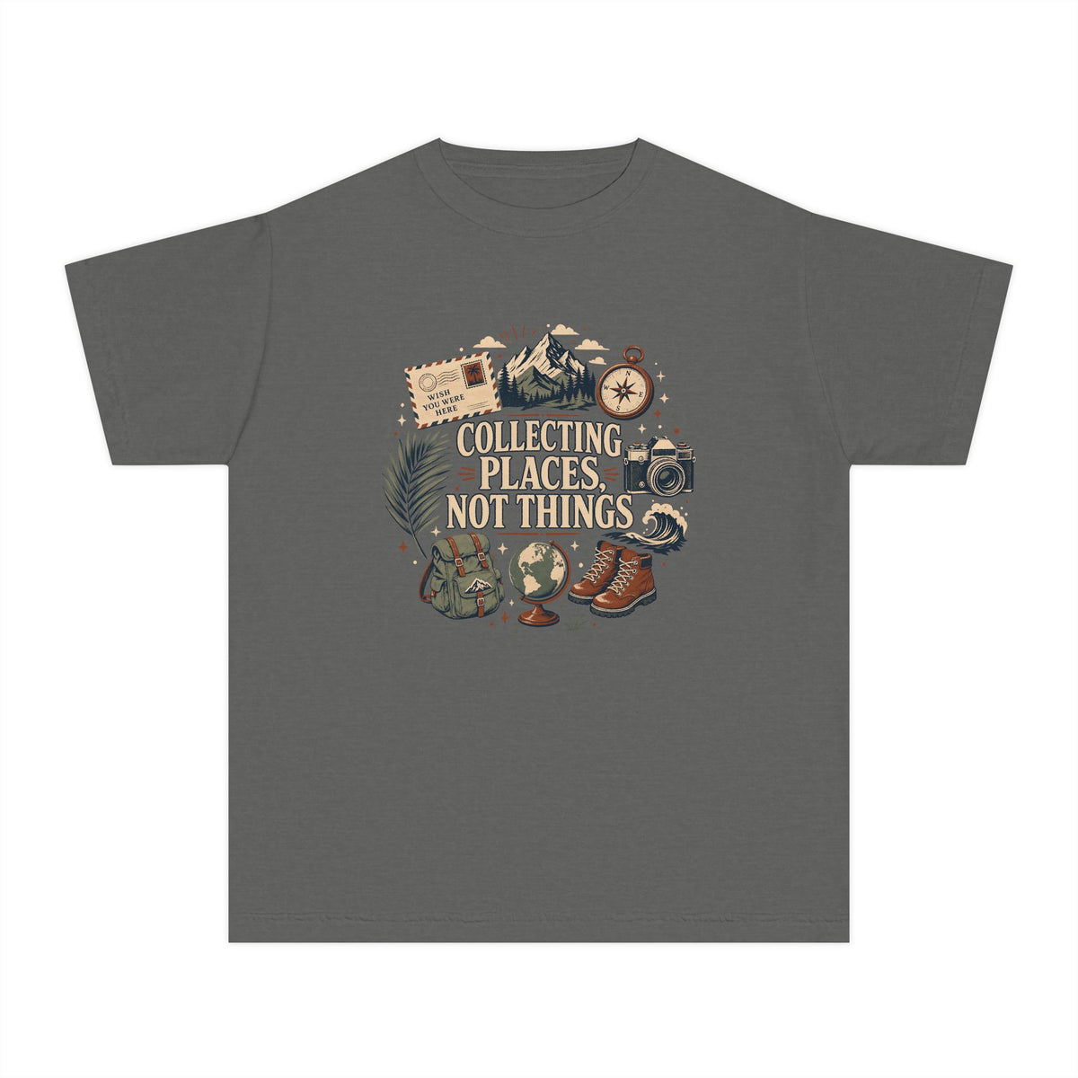 Collecting Places Not Things Youth Tee – Kids' Comfort Colors Travel Shirt in Pepper – flat lay