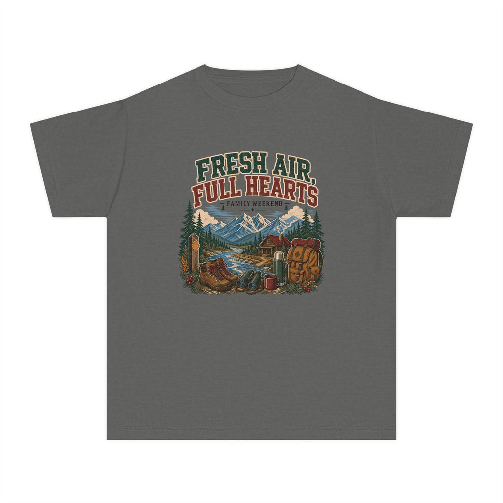 Fresh Air Full Hearts Youth Tee – Kids' Comfort Colors Cabin Weekend Shirt in Pepper – flat lay