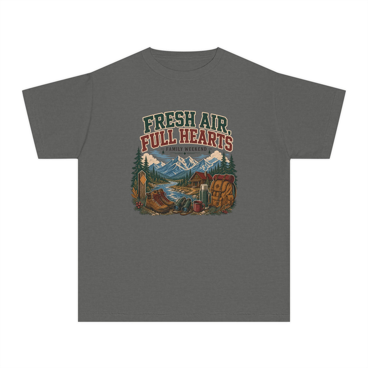 Fresh Air Full Hearts Youth Tee – Kids' Comfort Colors Cabin Weekend Shirt in Pepper – flat lay