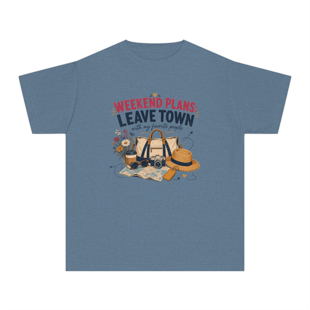 Weekend Plans Leave Town Youth Tee – Kids' Comfort Colors Family Travel Shirt in Blue Jean – flat lay