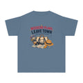 Weekend Plans Leave Town Youth Tee – Kids' Comfort Colors Family Travel Shirt in Blue Jean – flat lay