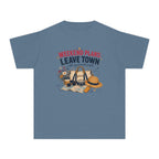 Weekend Plans Leave Town Youth Tee – Kids' Comfort Colors Family Travel Shirt in Blue Jean – flat lay