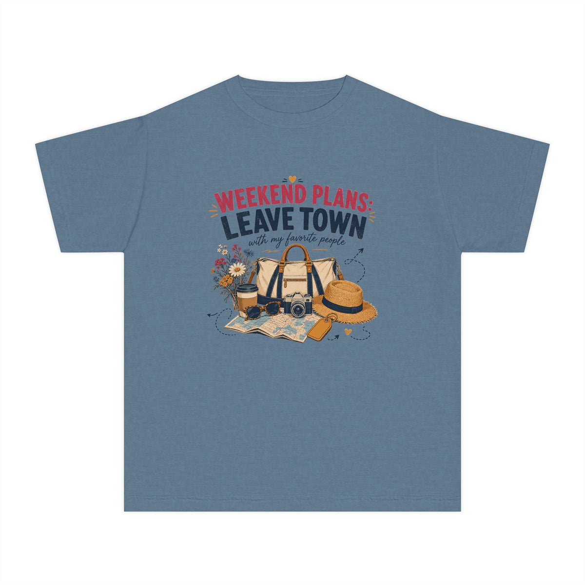 Weekend Plans Leave Town Youth Tee – Kids' Comfort Colors Family Travel Shirt in Blue Jean – flat lay