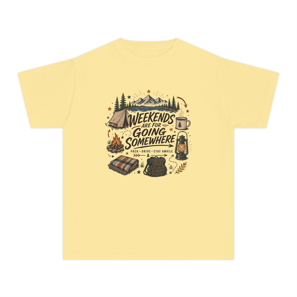 Weekends Are for Going Somewhere Youth Tee – Kids' Comfort Colors Camping Shirt in Butter – flat lay