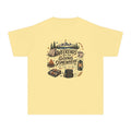 Weekends Are for Going Somewhere Youth Tee – Kids' Comfort Colors Camping Shirt in Butter – flat lay
