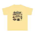 Weekends Are for Going Somewhere Youth Tee – Kids' Comfort Colors Camping Shirt in Butter – flat lay