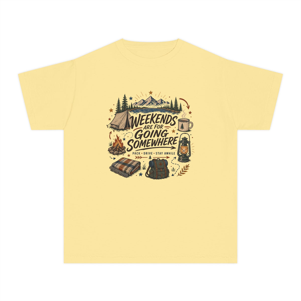 Weekends Are for Going Somewhere Youth Tee – Kids' Comfort Colors Camping Shirt in Butter – flat lay