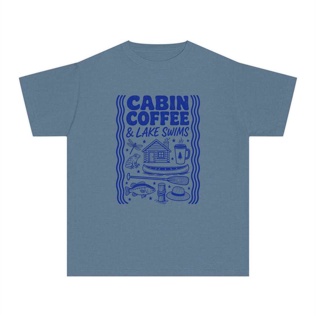 Cabin Coffee and Lake Swims Youth Tee – Kids' Comfort Colors Lake Vacation Shirt in Blue Jean – flat lay