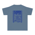 Cabin Coffee and Lake Swims Youth Tee – Kids' Comfort Colors Lake Vacation Shirt in Blue Jean – flat lay
