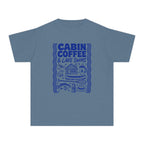 Cabin Coffee and Lake Swims Youth Tee – Kids' Comfort Colors Lake Vacation Shirt in Blue Jean – flat lay