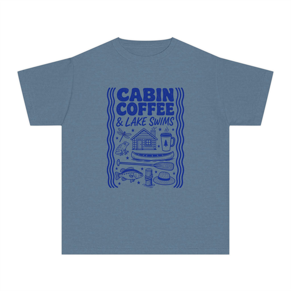 Cabin Coffee and Lake Swims Youth Tee – Kids' Comfort Colors Lake Vacation Shirt in Blue Jean – flat lay