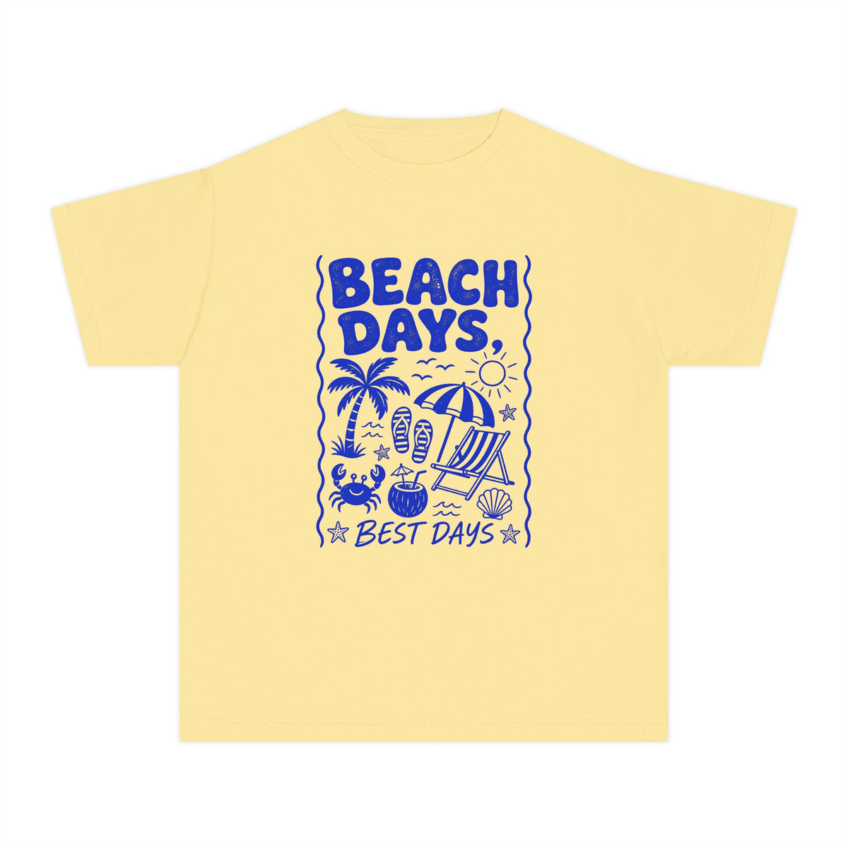 Beach Days Best Days Youth Tee – Kids' Comfort Colors Beach Vacation Shirt in Butter – flat lay