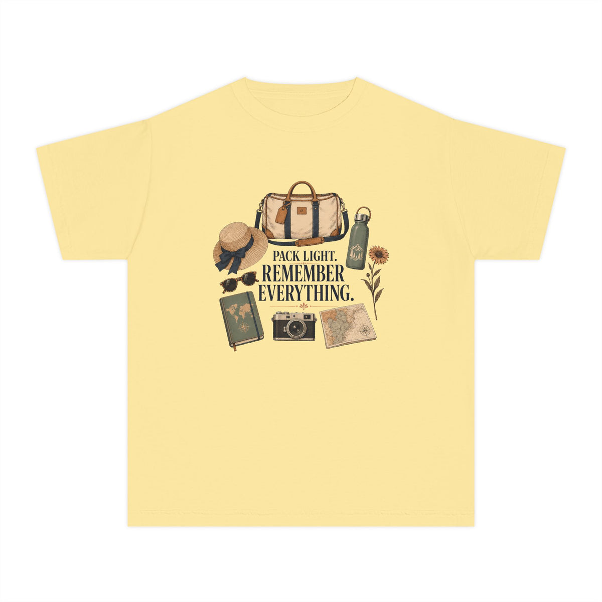 Pack Light Remember Everything Youth Tee – Kids' Comfort Colors Travel Shirt in Butter – flat lay