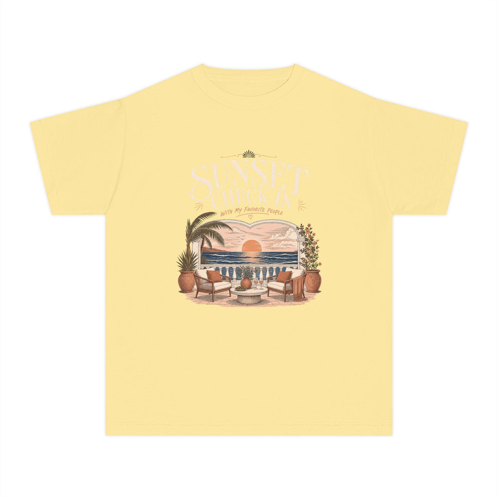 Sunset Check In Youth Tee – Kids' Comfort Colors Seaside Vacation Shirt in Butter – flat lay