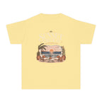 Sunset Check In Youth Tee – Kids' Comfort Colors Seaside Vacation Shirt in Butter – flat lay