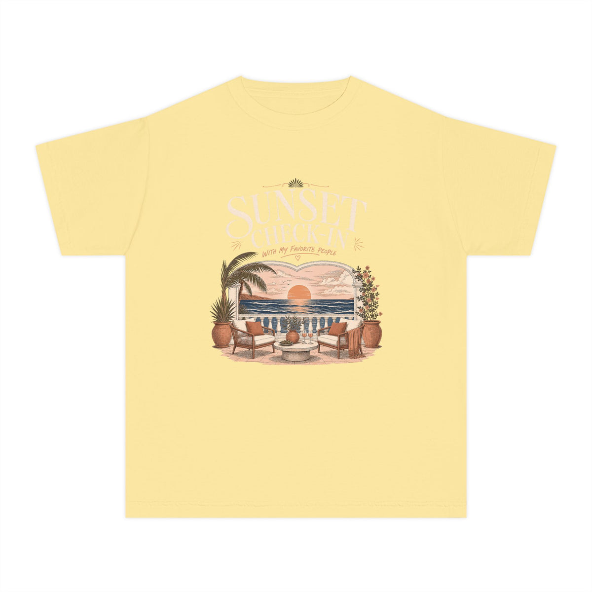 Sunset Check In Youth Tee – Kids' Comfort Colors Seaside Vacation Shirt in Butter – flat lay
