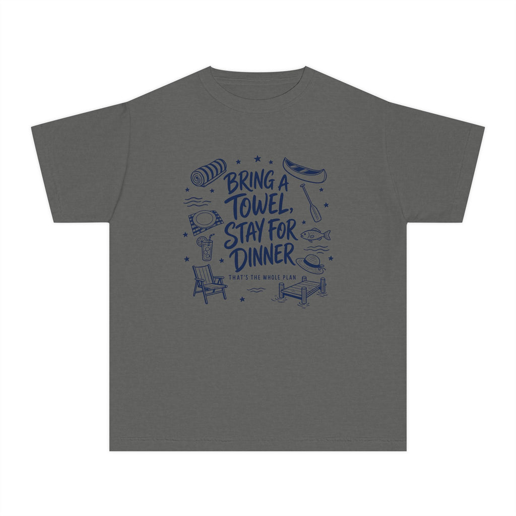 Bring a Towel Stay for Dinner Youth Tee – Kids' Comfort Colors Lake Vacation Shirt in Pepper – flat lay